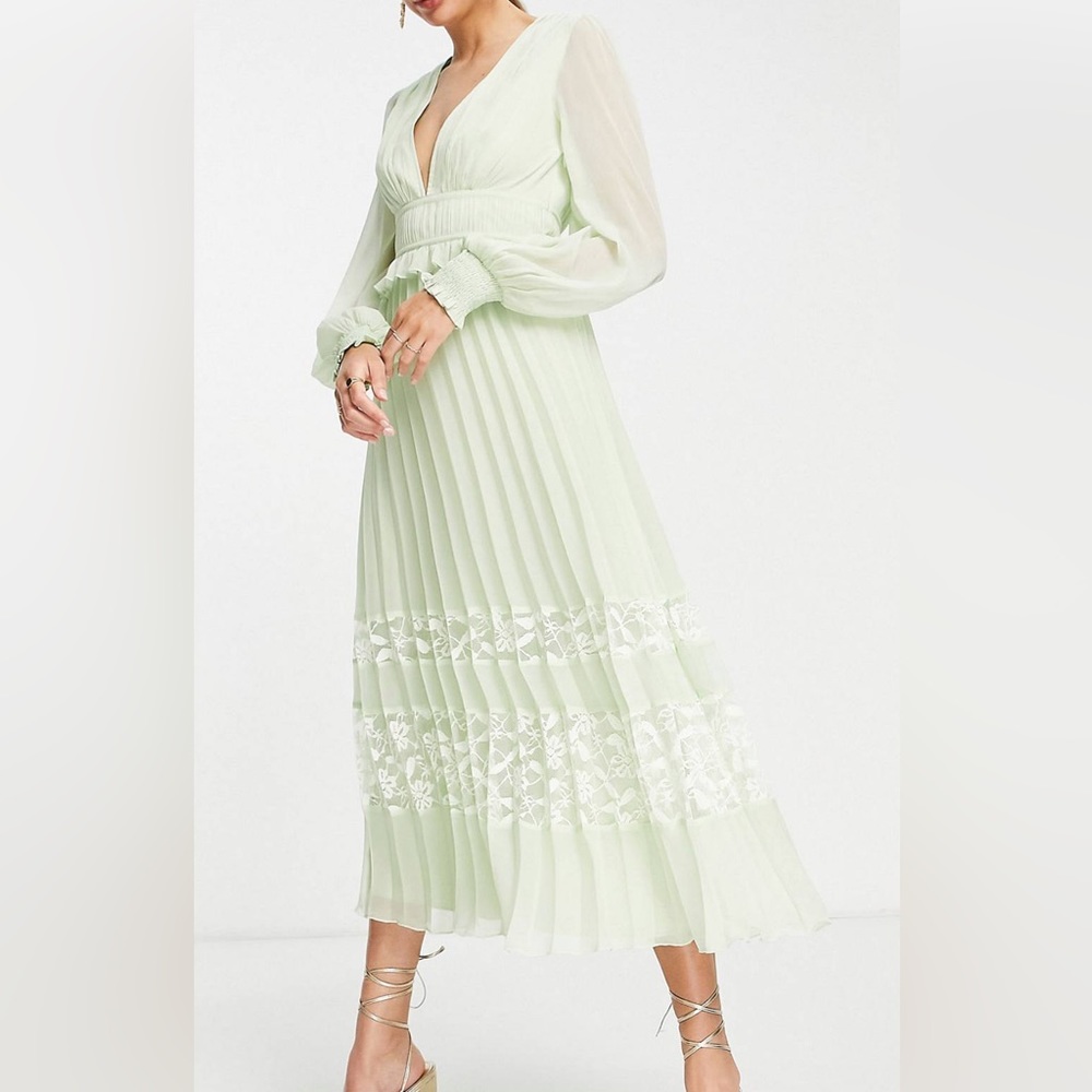 ASOS NWOT Exclusive Plunge Pleated Midi Dress with Lace Insert Hem - Sage Green